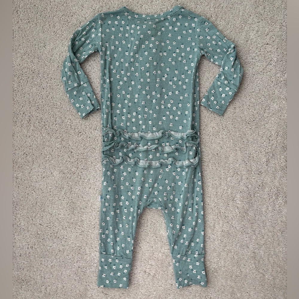 Posh Peanut Teal Floral Kids Long Sleeve Romper - Picture 6 of 11